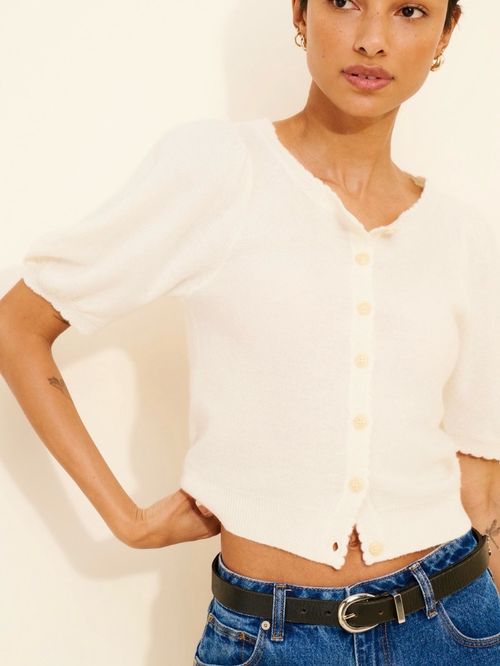 Maeve Cashmere Puff Sleeve Cardigan Cream White Short Sleeve Sweater Knit Top XS